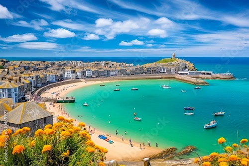 St Ives - A Beautiful Seaside Town and Port in Cornwall, England on the Atlantic Ocean Coastline. Generative AI photo