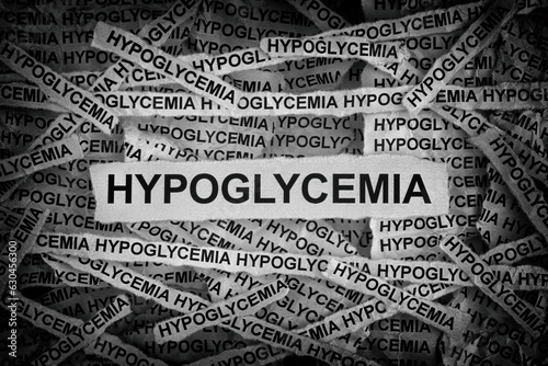 Strips of newspaper with the words Hypoglycemia typed on them. Black and white.