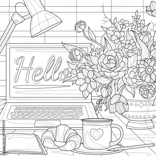 Laptop and a bouquet of flowers on the table.Coloring page antistress for children and adults. Illustration isolated on white 