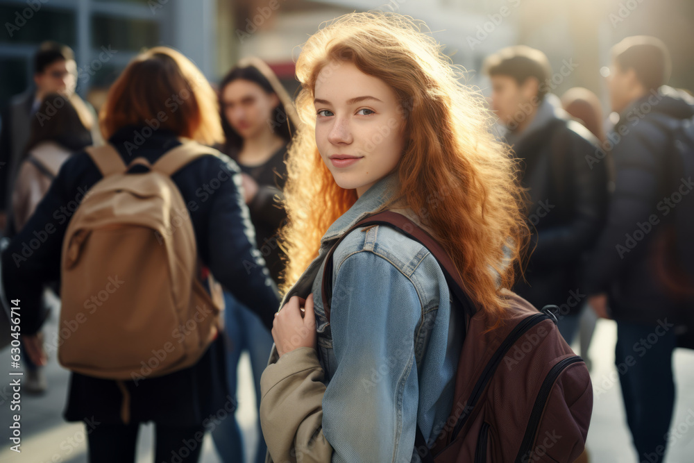 Fototapeta premium Female student going for class in high school. Generative AI.
