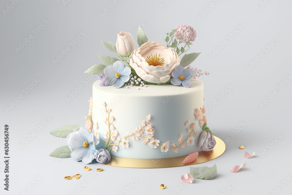 Festive cake decorated in pastel style with flowers and petals Festive cake decorated in pastel style with flowers and petals