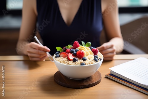 female office worker eating oatmeal granola with fruit and berries for lunch or breakfast  a white bowl. Generative AI technology