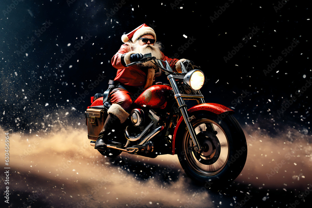 Weihnachtsmann auf Motorrad unterwegs 11, Generative KI - obrazy, fototapety, plakaty 