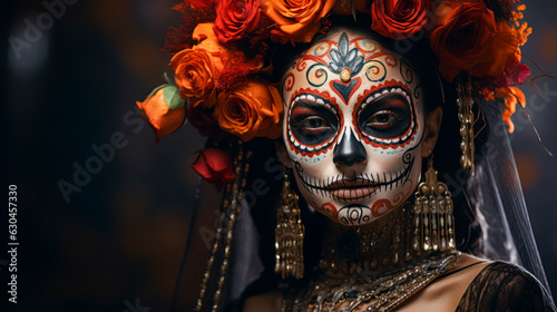 Woman with Day of the dead mask painted on face, AI Generated