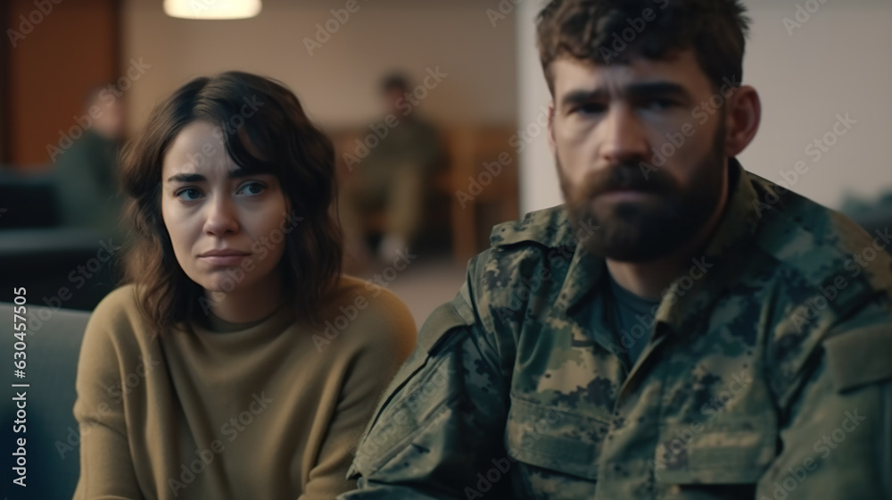 Fototapeta premium Thoughtful soldier sitting next to upset wife 
