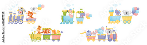 Funny Animals Riding Locomotive or Steam Train Enjoying Journey Vector Set