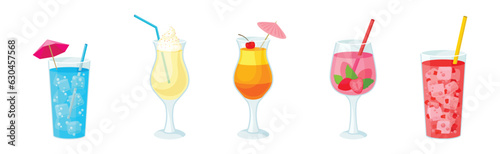 Bright Exotic Cocktail in Glass as Tropical Refreshing Drink Vector Set