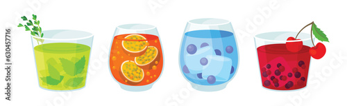 Bright Exotic Cocktail in Glass as Tropical Refreshing Drink Vector Set