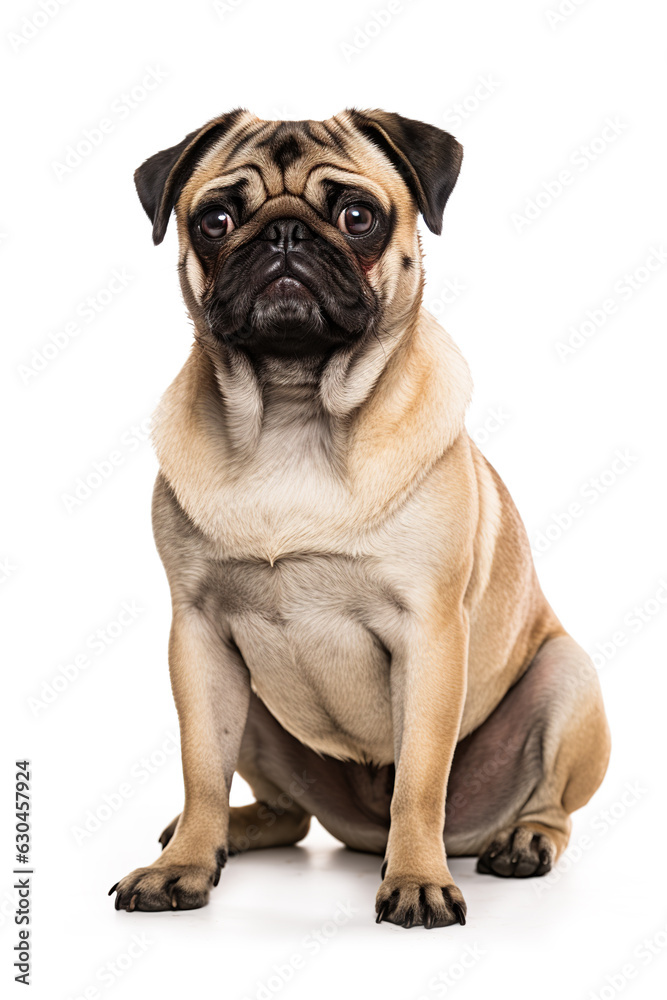 Cute Purebred Pug Dog Looking at Camera on White Background