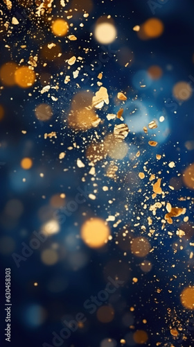 Golden particles on abstract dark blue background with bokeh 