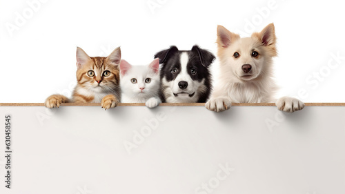 A group of domestic pet dogs and cats hanging paws over ledge