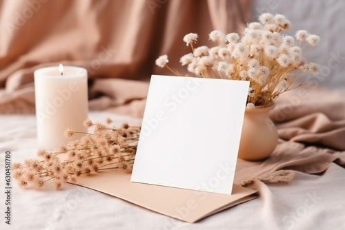 Greeting card mockup with dried flowers in a vase and a candle on a table