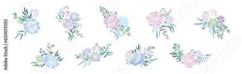 Blue Flower Bouquet and Floral Blooming Composition Vector Set