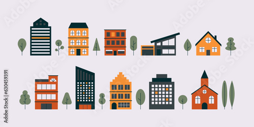 Minimal residential buildings. Geometric cityscape with house, skyscraper, church and trees, simple flat city constructor. Vector set