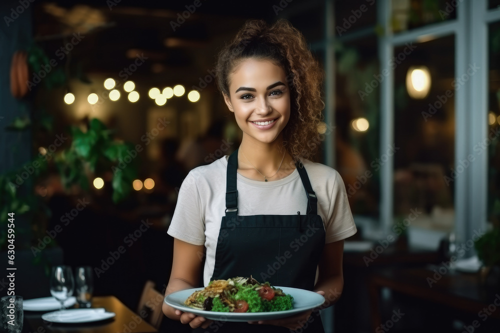 Waitress delivers food, generative ai