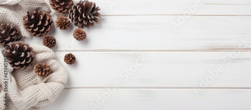 Christmas Composition. Top view of a knitted blanket with pine cones and fir branches on a white wooden background. is presented in a flat lay style with copy space.