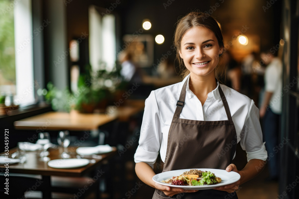 Waitress delivers food, generative ai