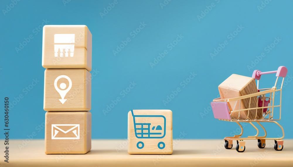 Wooden cubes with shopping cart on Ecommerce  Icons. Online Shopping concept
