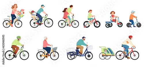Collection of people riding bicycles. Set of family: man, woman, children, grandfather and grandmother on bikes of various types - with child seats, trailers, balance bikes. Flat vector illustration.