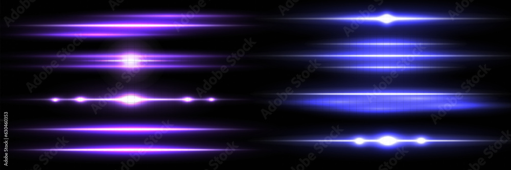 Blue and purple lens flares pack. Laser beams, horizontal light rays ...