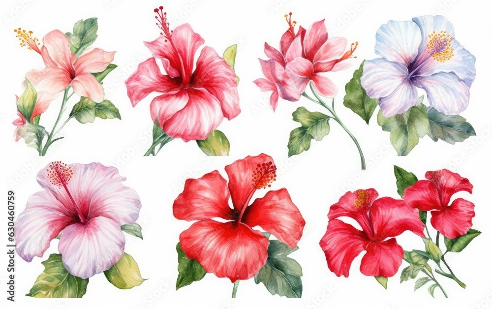 Hibiscus flowers set, isolated white background, botanical illustration, tropical flower, red floral elements watercolor, Generative AI Hibiscus flowers set, isolated white background, botanical illustration, tropical flower, red floral elements watercolor, Generative AI