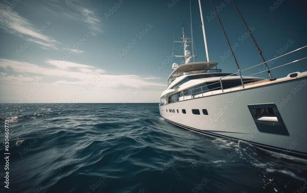 Fototapeta premium Luxury motor yacht on the ocean at sunset, Generative AI