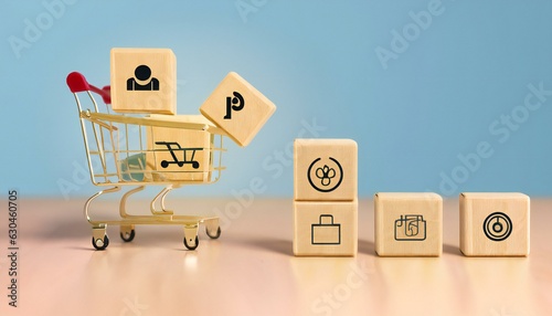 Wooden cubes with shopping cart on Ecommerce Icons. Online Shopping concept 