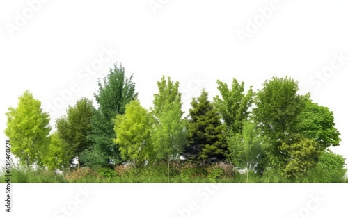 Cutout tree line. Forest and green foliage in summer. Row of trees and shrubs isolated on white background. Generative AI