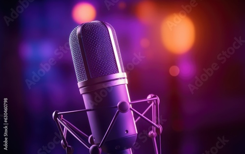 Professional microphone with pink purple background, Podcast concept, Generative AI