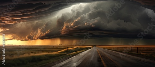 Storm clouds form an imposing landscape as they gather over a road in North Dakota, United States, creating a dramatic scene.