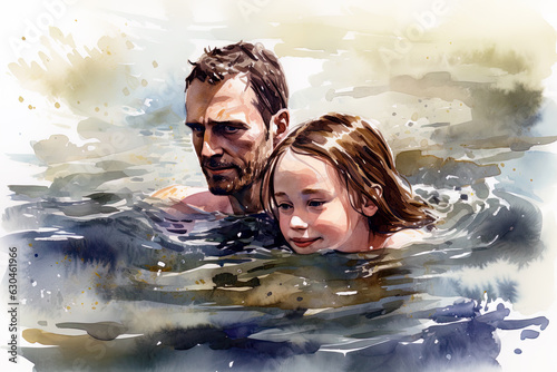 Daddy and daughter at sea watercolor