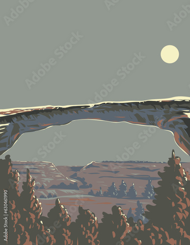 WPA poster art of Owachomo Natural Bridge, a large alcove arch in Natural Bridges National Monument near Blanding in Utah in the United States done in works project administration or Art Deco style.
 photo