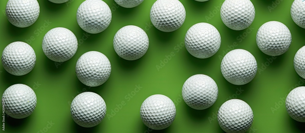A green background with a group of golf balls and a tee is displayed from a top view, providing ample space for copying. A green background with a group of golf balls and a tee is displayed from a top view, providing ample space for copying.