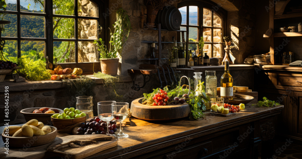 Fototapeta premium Country Kitchen Delight: Wine Tasting in a Comfortable Setting