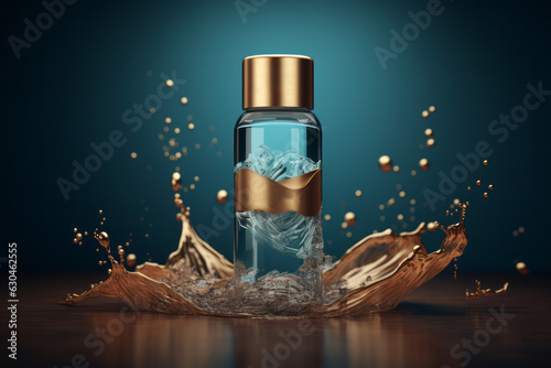 Skin care tonic water bottle template in liquid splash. Teal and gold micellar container mockup photo