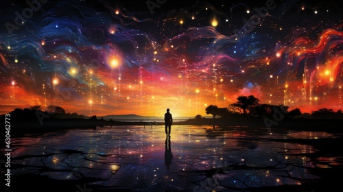 Fotografia Cosmic Dreamer: A Silhouette Lost in the Star-Studded Night