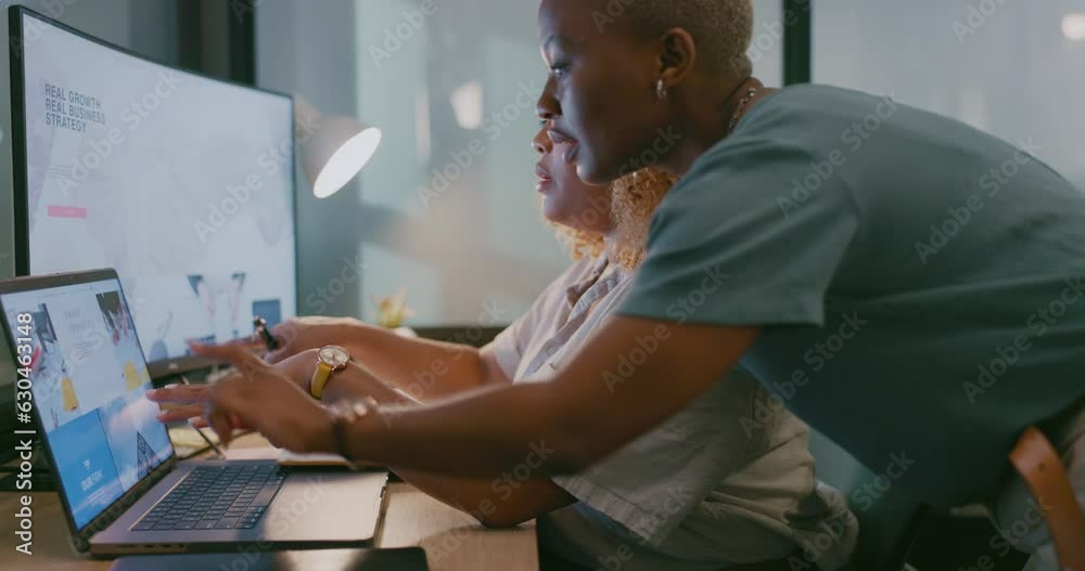 Computer, research or programmer women team for cybersecurity, app coding or data analysis in office. Hacker, developer or employee on tech for software code, programming or startup analytics review.