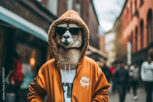 Street fashion alpaca with sunglasses. Urban hustle and bustle like London or New York, street style, Hipster concept, Funny and cute animals. Fictional place. Made with Generative AI