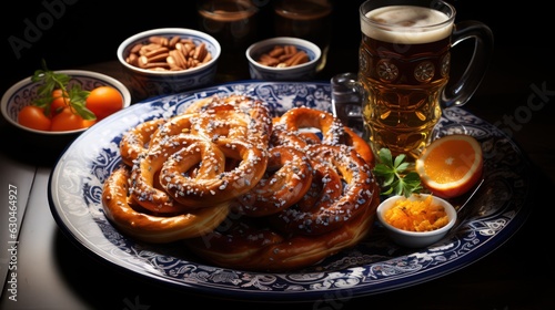 Traditional Bavarian still life with beer and pretzels on a wooden table by Generative AI