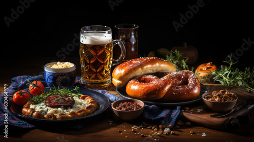 Traditional Bavarian still life with beer and pretzels on a wooden table by Generative AI photo