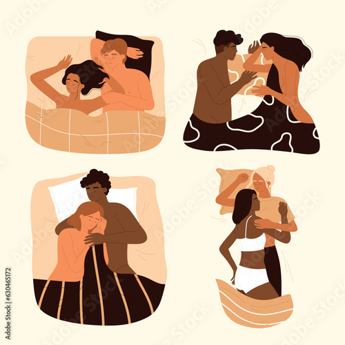 Love couple sleeping after sex in bed set. Intimacy and romantic relationships concept collection. Vector illustration in cartoon style. Isolated white background.