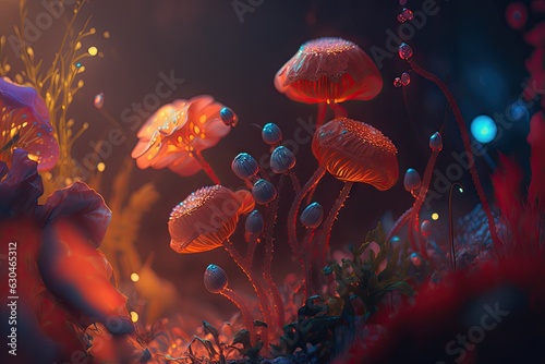 Fantasy landscape with red mushrooms and bokeh