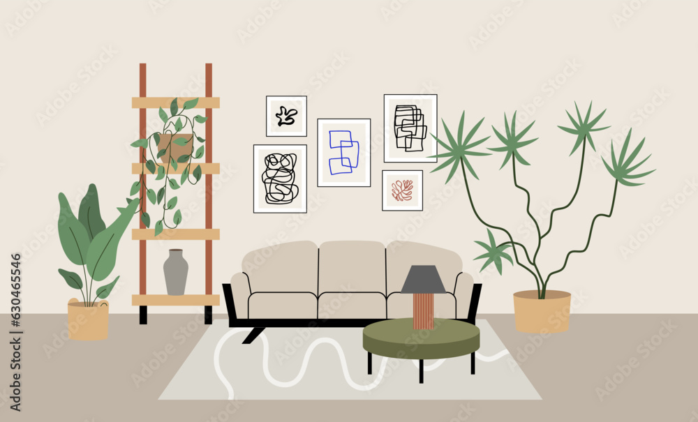 Fototapeta premium Modern living room with sofa, table, carpet, plants and other decor. Vector flat illustration of interior design and furniture