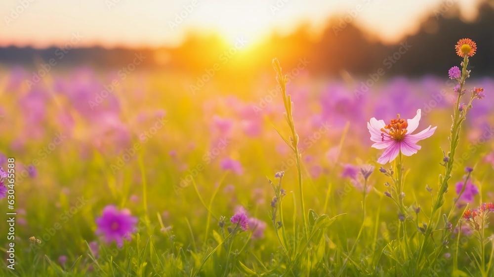 Sunset meadow, macro wildflowers with dreamy shallow depth of field