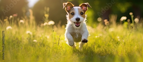 Happy and energetic Jack Russell pet dog puppy running in the grass during the summer. This web banner has copy space.