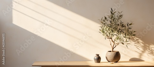 Modern lifestyle Mediterranean scene with a minimal olive tree on a table in sunlight, casting long shadows on a beige wall background. Copy space available.