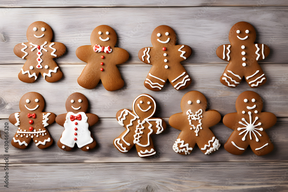Festive Gingerbread Cookies on Wooden Surface - Generative AI