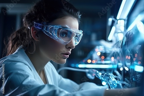 Closep-up portrait of a oung female researcher in protective eyeglasses working in a laboratory of a research institute. Creation of innovative medicines and vaccines.