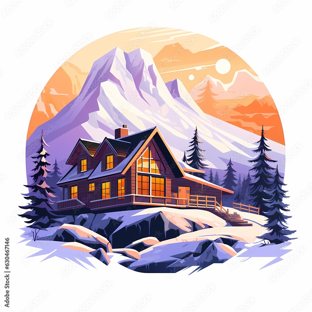 snowy flat illustration of a cottage in the mountains