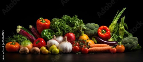 An assortment of vegetables is displayed against a black background, with room for text.
